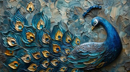 Peacock Painting on Blue Background - obrazy, fototapety, plakaty