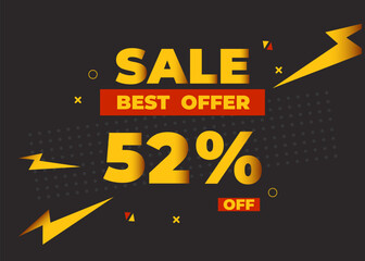 52% off sale best offer. Sale banner with fifty two percent of discount, coupon or voucher vector illustration. Yellow and red template for campaign or promotion.