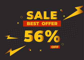 56% off sale best offer. Sale banner with fifty six percent of discount, coupon or voucher vector illustration. Yellow and red template for campaign or promotion.