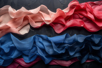 Red white and blue crepe paper on black background. Generative AI - obrazy, fototapety, plakaty