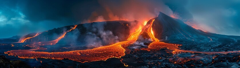 Volcanic eruption illuminating the night, lava rivers flow amidst ash clouds, a display of Earths raw power - obrazy, fototapety, plakaty