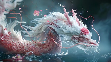 Chinese dragon with pink body, white hair and flowers on its head.