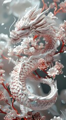 Chinese dragon with pink body, white hair and flowers on its head.