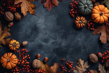 Dark background with orange pumpkin arrangement