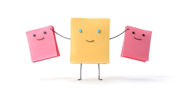 a cheerful humanized sticky note character clinging to reminders and adhesive aid on a plain white background