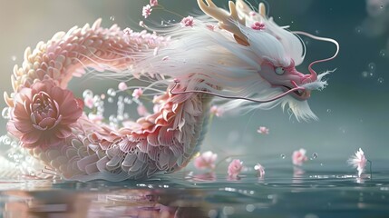 Chinese dragon with pink body, white hair and flowers on its head.