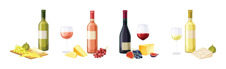 Obraz premium Wine Bottle with Glass Served with Cheese and Fruit Vector Set