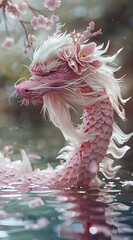 Chinese dragon with pink body, white hair and flowers on its head.