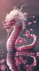 Chinese dragon with pink body, white hair and flowers on its head.