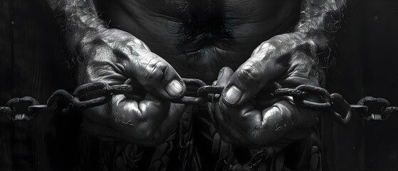 Photo of hands in shackles symbolizing global issues of slavery human trafficking and forced labor. Concept Social Issues, Human Rights, Modern Slavery, Human Trafficking, Forced Labor - obrazy, fototapety, plakaty