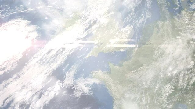 Zoom in from space and focus on Torbay, UK. 3D Animation. Background for travel intro. Elements of this image furnished by NASA