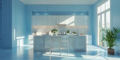 Fototapeta na wymiar Modern Kitchen With Blue Walls and White Cabinets