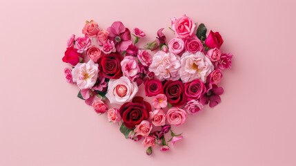 Heart shape made of rose flowers for wedding and birthday celebration pink background