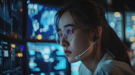 A focused Asian cybersecurity specialist conducting a forensic investigation into a recent data breach, meticulously piecing together evidence to identify the perpetrators. - obrazy, fototapety, plakaty