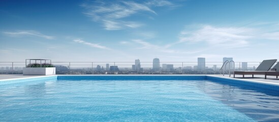 Swimming pool on top of roof deck building. AI generated