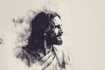Jesus Christ illustrated in a minimalist black and white sketch, focusing on peaceful expressions