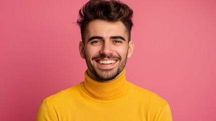 Homem  usando blusa amarela de gola longa no fundo rosa claro  - obrazy, fototapety, plakaty