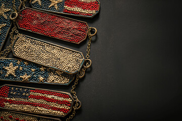 US military dog tags in the shape of the American flag. Memorial Day for Veterans Day concept. Generative AI