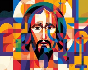 Abstract representation of Jesus Christ with bold colors and geometric shapes