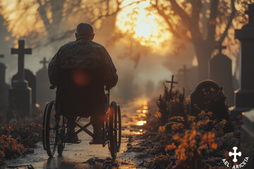 Veteran in wheel chair in a cemetery. Generative AI - obrazy, fototapety, plakaty