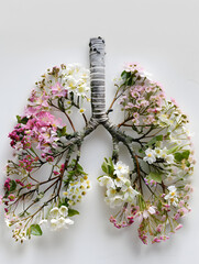 Illustration of lungs with blooming flowers. International Health Day. Flat lay aesthetic modern minimal design. 
