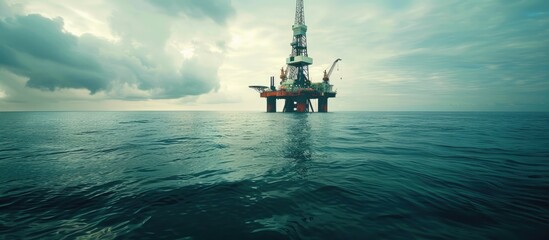 Industrial Isolation Drilling Rig Floating Alone on the Vast Ocean - obrazy, fototapety, plakaty