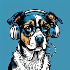 Cartoon illustration of dog wearing headphones listening to music