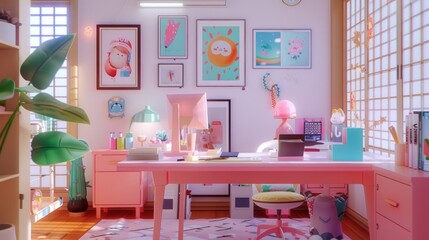 pink girl's bedroom with decorations and bed
