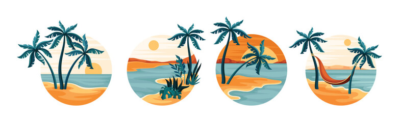 Fototapeta na wymiar Tropical Landscape with Palm Tree and Sandy Shore Vector Set
