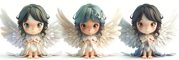 Collection sets of cute cartoon character angel with wings