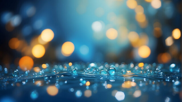 Close-up of water droplets with a sparkling bokeh effect on a deep blue surface