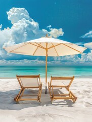 Beach chairs and umbrella on a white sandy beach.