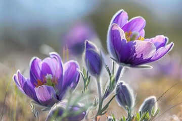 Flowers of the windflower or pulsatilla patens. First spring blooming flower