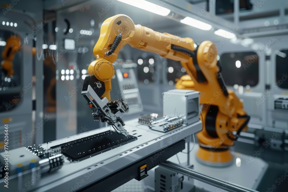 Leinwandbilder robotic arm for electronic assembly line. smart modern factory automation using advanced machines.