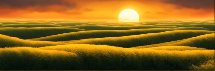 abstract painting of grasslands under a blazing sunset waves of greens - obrazy, fototapety, plakaty