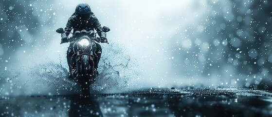Motorcyclist riding a motorcycle on a wet road in the rain - obrazy, fototapety, plakaty