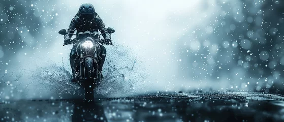 Ingelijste posters Motorcyclist riding a motorcycle on a wet road in the rain © taraskobryn