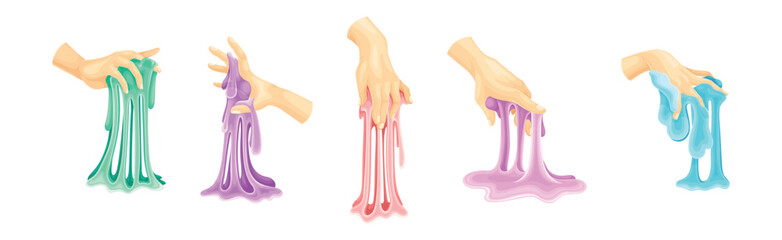 Human Hand Playing with Colorful Slime Toy Vector Set