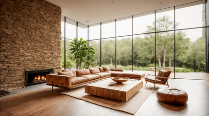 Modern Living Room with Fireplace and Forest View