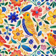Folk art style pattern with birds and flowers