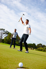 Men, golf course and upset for sports, game challenge and practice for hobby in summer outdoor....
