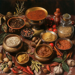 Still Life of Spices and Herbs for Gourmet Cooking