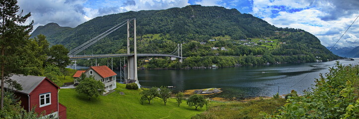Road bridge Fykesundbrua over Hardangerfjord at the village Fykse on the scenic route Hardanger in Norway, Europe
