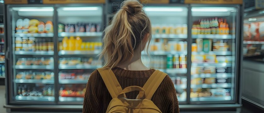 Woman making choices while grocery shopping in a supermarket. Concept Supermarket Choices, Grocery Shopping, Decision Making, Healthy Options, Consumer Behavior