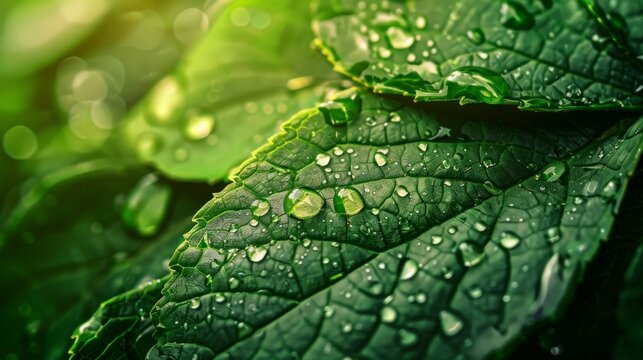 large raindrops on a green leaf generative ai