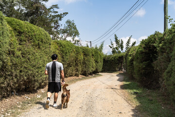 adult mongrel man walking with his border collie dog while resting on the country road