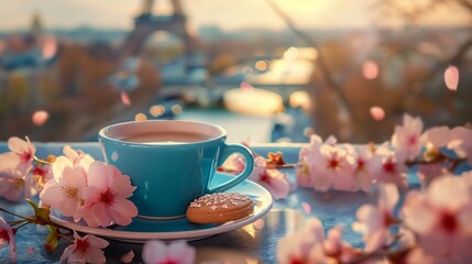 Coffee cup, cookies, Sakura, Eiffel Tower. Soft pastel palette in Paris. Blue and pink hues...