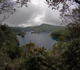 Montebello Lakes,panorama view of Lagunas de Montebello national park, panoramic view of lakes, intense blue color, lush forest over the mountains, nature landscape,Comitan,Chiapas,Mexico
