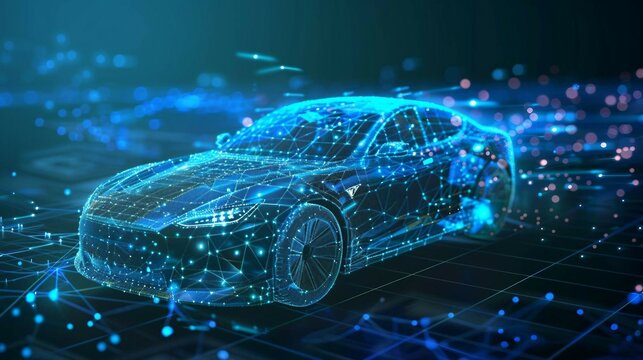 digital blue self-driving car with glowing data stream , the advancement of artificial intelligence in autonomous vehicle technology. driverless navigation, road transportation. wireframe low poly.
