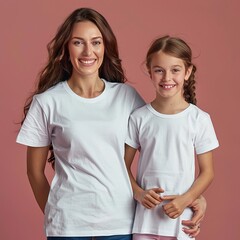 mother and girl on pink background